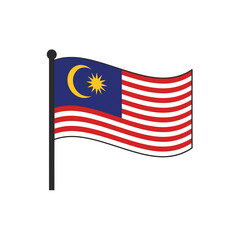 A graphic illustration of the national flag of Malaysia, Jalur Gemilang, waving on a black flagpole against a white background.