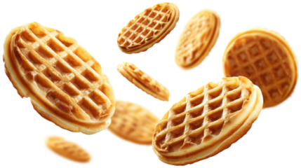 Delicious round waffles in the air, isolated on a white background