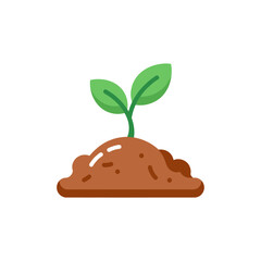 A detailed illustration of a young green plant sprouting from a small pile of brown soil.