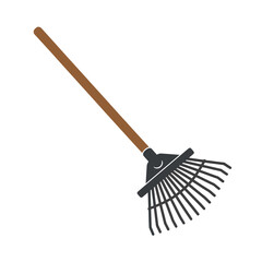 A simple icon of a garden leaf rake with a long brown handle and black fan-shaped tines.
