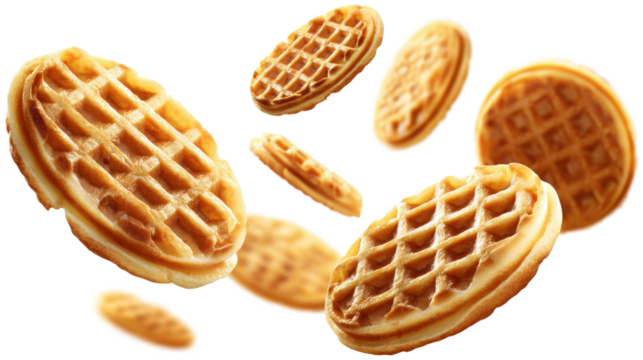 Delicious round waffles in the air, isolated on a white background