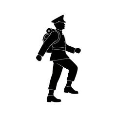 Profile silhouette of a soldier in uniform marching while carrying a large backpack.
