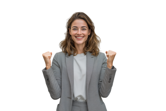 Happy young woman celebrating success with raised fists and confident smile in casual and business outfits PNG with a transparent background

