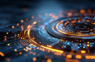 Close-up of a futuristic digital circuit board with glowing lines and intricate patterns, symbolizing advanced technology and innovation