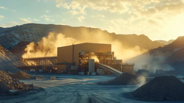 Industrial factory building with smoke and dust in mountainous mining area at sunset featuring conveyor belt, gravel piles, and rugged terrain heavy machinery operation