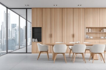 Fototapeta premium Modern light-filled dining area with city view