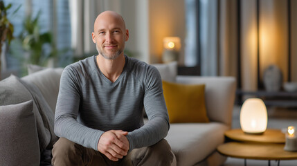 Middle-aged man meditating at a serene retreat setting