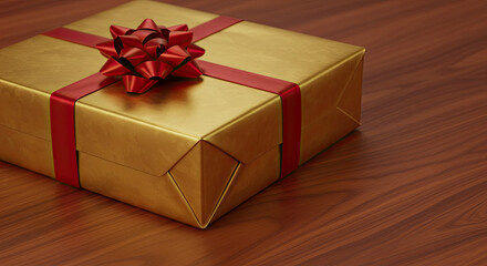 Elegant Golden Gift Box with Red Ribbon and Bow.