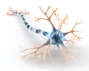 Detailed 3D illustration of a human neuron with myelin sheath and axon nerve cell neuroscience