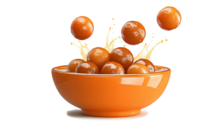 Delicious sweet gulab jamun balls falling into an orange bowl isolated on a white background