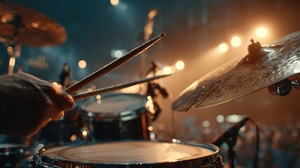 Close-up of a drummer playing drums on stage with bright, colorful lights. Use this image to illustrate music, live performance, passion, or energy.