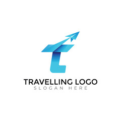 Modern Travel Agency Letter Logo with Airplane and Sunset Design