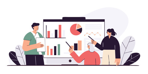 Team Working in Front of Big Screen with Charts – Corporate Memphis Style Illustration