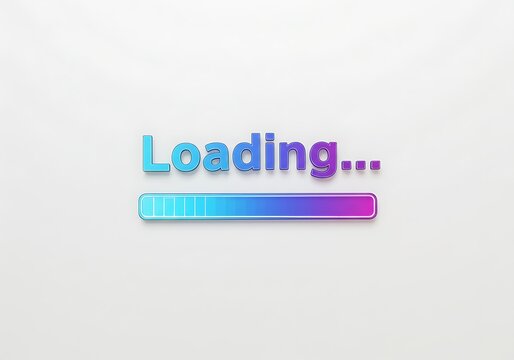 A 3D rendering of the word 'Loading...' and a progress bar with a vibrant blue to purple gradient on a clean white background.