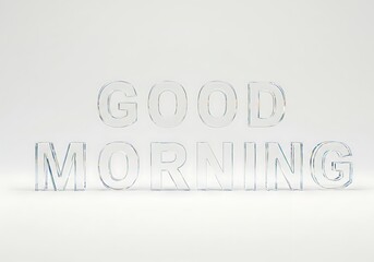 Transparent glass "Good Morning" lettering against a white background.