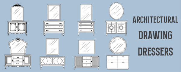 Architectural vector drawings of dressers with mirrors in various classic and modern designs, detailed black line art furniture illustrations on blue background farchitectural layouts