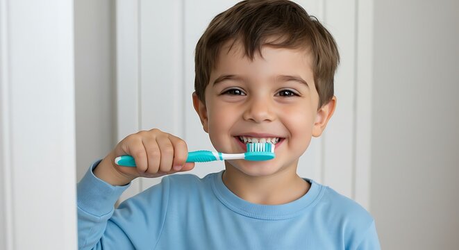 Happy little boy brushing his teeth and smiling at the camera - Powered by Adobe
