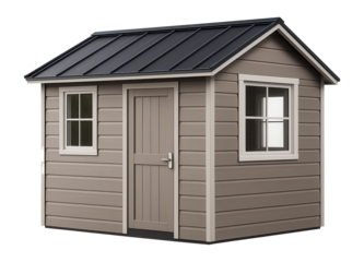 Vinyl garden shed with windows, designed for use as a small workshop in a home garden setting.