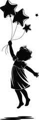 CAD Drawing Flat Vector Illustration of Child Floating with Star Balloons, Whimsical Silhouette, Dreamy Scene, Creative Art, Black and White