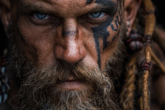 Intense close up of a bearded viking with striking blue eyes and face tattoos. Perfect for fantasy, historical fiction, or strength and resilience themes.