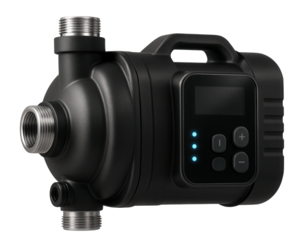 Electric water pump for a cottage garden, equipped with a digital display to monitor water pressure and flow rate.