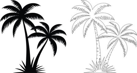 Naklejka premium Tropical palm trees vector illustration, black silhouette and white line drawing, exotic nature art for summer beach design projects