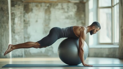 Fototapeta premium Man performing a fitness exercise using a stability ball.