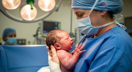 A newborn C section baby is gently held by  masked doctor in a delivery room immediately after birth, moments filled with care and emotion