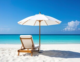 White parasol and beach chair on a tropical beach, crystal clear turquoise water, fine white sand, bright sunny sky, photorealistic, 8K