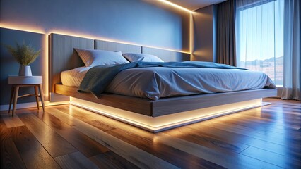 Modern bedroom interior with warm LED night light strip glowing under the bed frame, close-up view of bed edge without blankets, dark wooden floor. Concept of cozy night home atmosphere