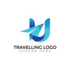 Fototapeta premium Modern Travel Agency Letter Logo with Airplane and Sunset Design
