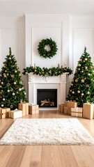 Christmas decorated fireplace and trees