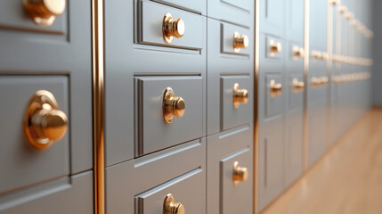 Row of stylish locked safe deposit boxes with golden keyholes  