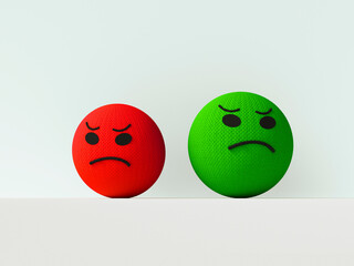 Angry green and red knitted wool 3d emoji balls on white background