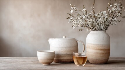 Elegant Tea Ceremony Setup with Speckled Ceramic Tea Set and Blooming Branches