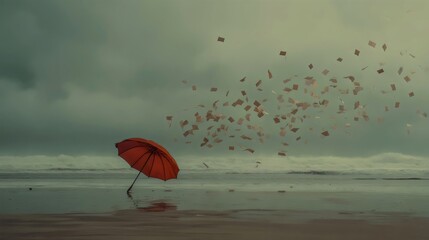 A solitary figure stands beneath an orange umbrella on a stormy beach, surrounded by swirling papers in the wind.