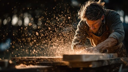 Woodworker planing wooden board with wood dust around on a dark bokeh background. Use this image to show skill, building, creation, or woodworking concepts.