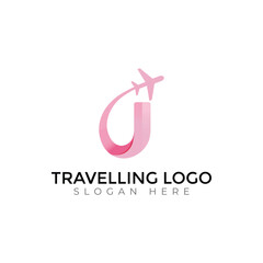 Modern Travel Agency  Letter Logo with Airplane and Sunset Design