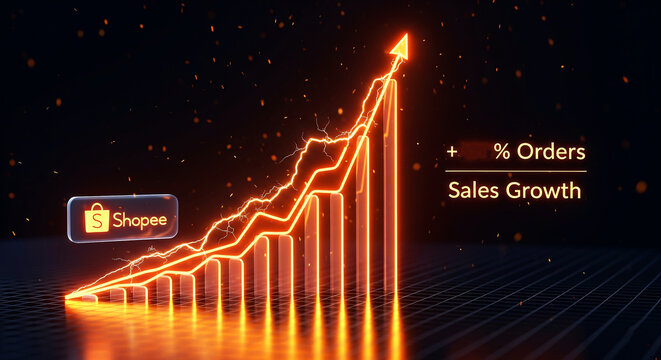 A glowing orange chart with a lightning effect shows an increase in orders and sales growth for Shopee. The vibrant digital graph is ideal for themes of e-commerce success and business growth. - Powered by Adobe