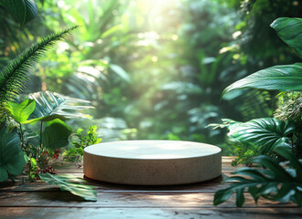 Cosmetic Product Podium Surrounded by Tropical Greenery and Leaves