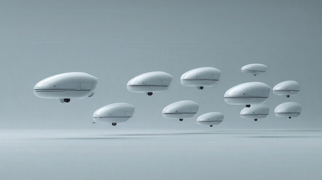 fleet of ultrabright delivery drones gracefully gliding against clean minimalistic background - Powered by Adobe