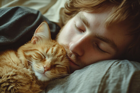 Generative AI Cozy Morning of Man Sleeping Peacefully with Cat on Bed in Warm Home Setting