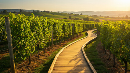 Sunlit Vineyard Pathway A Serene Walk Through Lush Grapevines