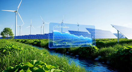 
A transparent screen displays a graph showing a decrease in CO2 emissions, set in a clean energy landscape with solar panels and wind turbines. 