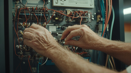 Close-up of hands adjusting wires in an electrical panel  