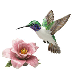 Porcelain figurine of a hummingbird bird flying near a beautiful pink flower statuette