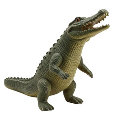 Fototapeta premium Vintage green plastic alligator toy with a weathered texture and an open mouth standing