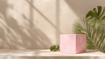 Pale pink cube on beige surface, flanked by tropical leaves, bathed in soft sunlight casting shadows on a textured wall