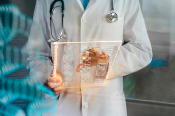 Scientist using digital DNA screen for genetic research and innovation