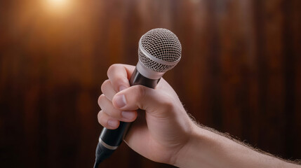 Hand holding a microphone in a warm, wooden setting  